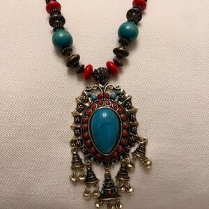 Faux Turquoise and Red Beaded Pendant Necklace